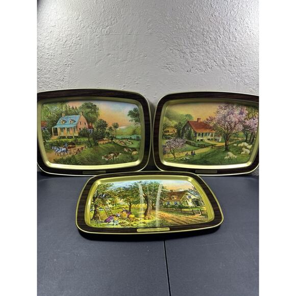 3 Vtg Currier & Ives American Homestead Metal Serving Trays Summer Autumn Spring - Picture 1 of 9